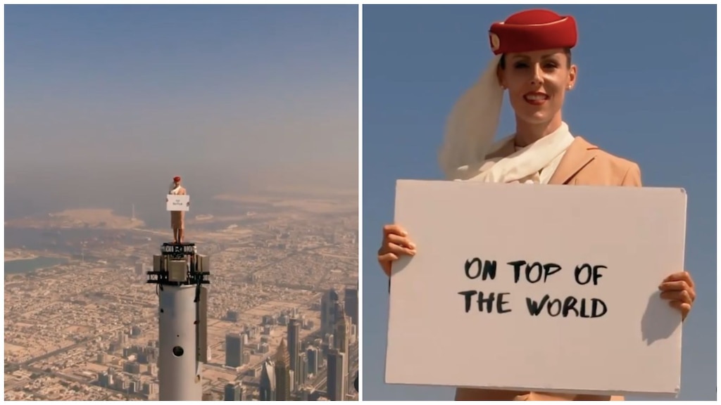 A stuntwoman stood on-top of the Burj Khalifa once again in the video sponsored by Emirates, but this time she has the company of an Airbus A380 