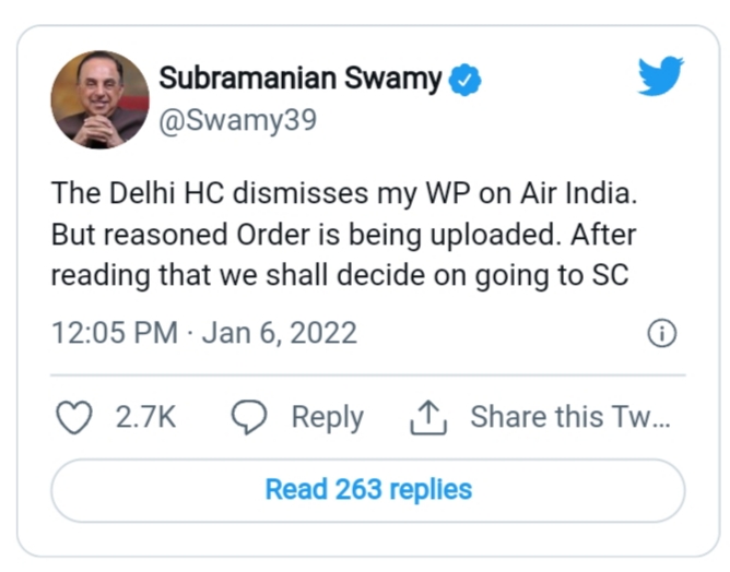 In a major blow to rebel BJP MP Subramanian Swamy, the Delhi High Court has rejected his plea against the proposed disinvestment of Air India