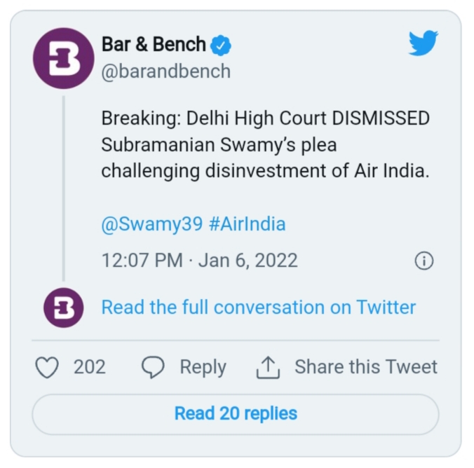 In a major blow to rebel BJP MP Subramanian Swamy, the Delhi High Court has rejected his plea against the proposed disinvestment of Air India