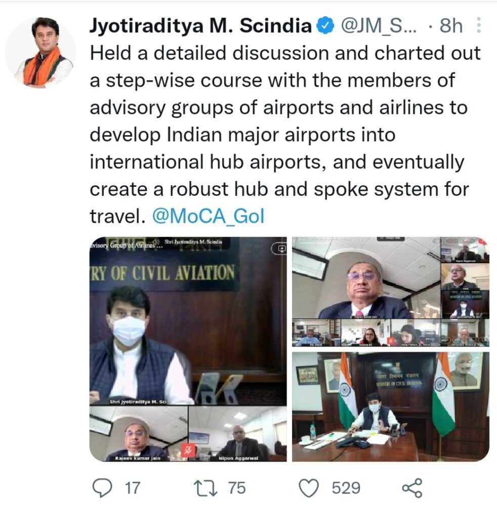 Jyotiraditya Scindia discusses ways to develop major airports into international hub
