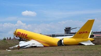 While landing at San Jose's international airport on Thursday, a DHL cargo plane went off the runway and broke in half runway