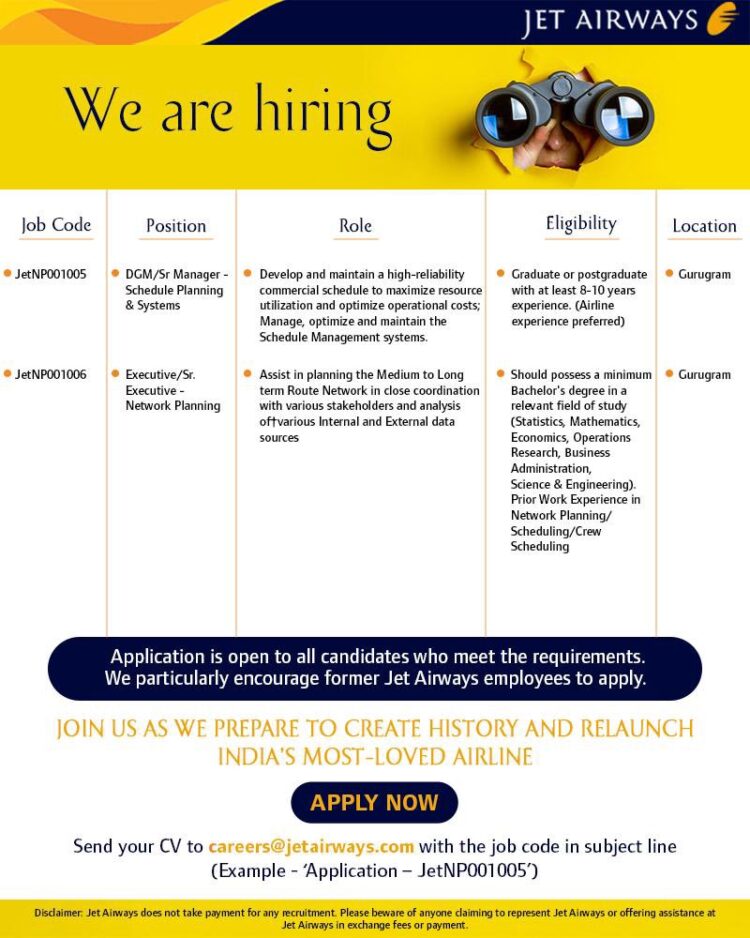 Jet Airways 2.0 Careers Hiring Aviation Professional to join them