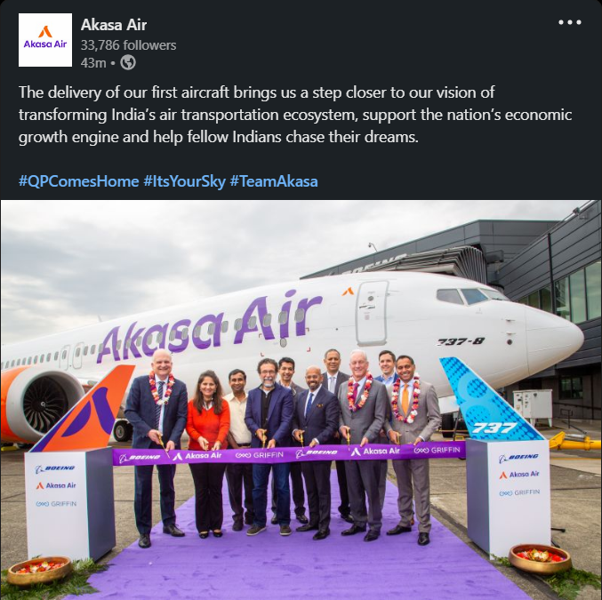 Akasa Air Announced the delivery of its First Boeing 737 Max aircraft