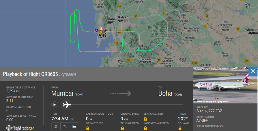 Qatar airways B777-F A7-BFF Mumbai to Doha Flight