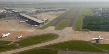 Delhi International Airport Aerial view of Runway and Terminal
