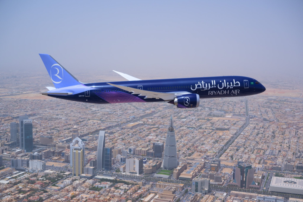 Riyadh Air Boeing 787 Dreamliner flying over Riyadh City