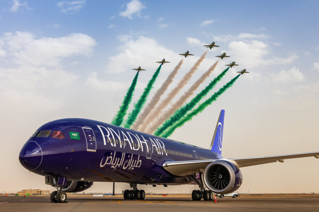 Riyadh Air Boeing 787 Dreamliner with Saudi Hawks
