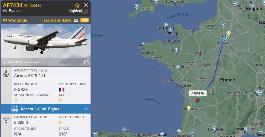 Flag carrier of France, Air France (AF) flight Paris (CDG) to Bordeaux (BOD) using Airbus A319 has declared an Emergency. Further, the flight is on track to reach the BOD shortly.