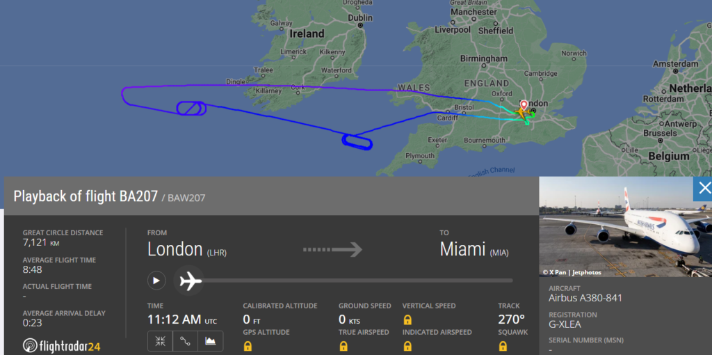 According to Flight Radar 24, British Airways flight BA207 took off from Heathrow Airport (LHR) in London at 11:35 AM UTC. Subsequently, the flight is expected to arrive at MIA at around 8:20 PM UTC.