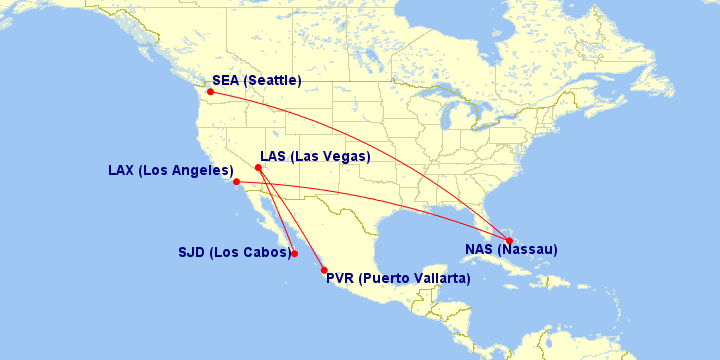 Alaska Airlines is expanding with four new international routes and one new country:

- Seattle (SEA) to Nassau, Bahamas (NAS)

- Los Angeles (LAX) to Nassau, Bahamas (NAS)

- Las Vegas (LAS) to Puerto Vallarta, Mexico (PVR)

- Las Vegas (LAS) to Los Cabos, Mexico (SJD)