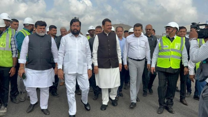 Eknath Shinde, and Devendra fadnavis examine the ongoing work at the upcoming Navi Mumbai airport. | Photo: Special Arrangement