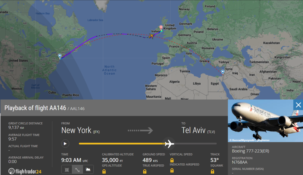 Fort Worth-based American Airlines (AA) flight from New York (JFK) to Tel Aviv (TLV) diverted to Dublin (DUB), Ireland.