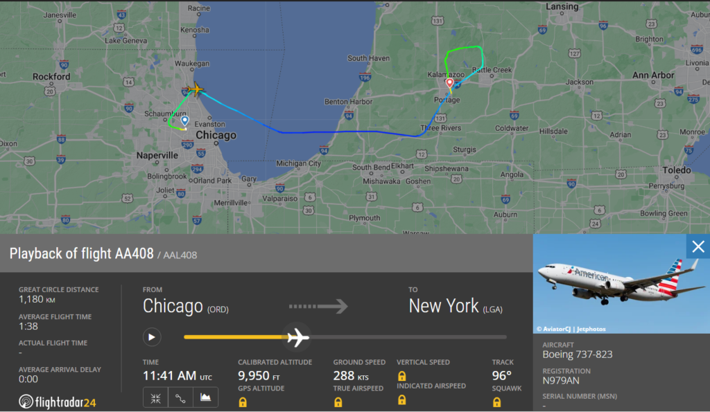 Fort Worth-based American Airlines (AA) flight from Chicago O' Hare Int'l Airport (ORD) to LaGuardia Airport (LGA), New York, made an emergency landing at Kalamazoo Battle Creek Int'l Airport (AZO) due to severe fuel leak.