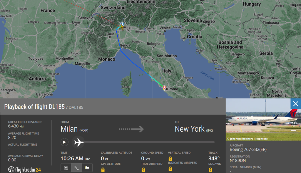 On July 24, 2023 (Today), Atlanta-based Delta Air Lines (DL) flight from Milan (MXP) to New York (JFK) diverted to Rome (FCO) due to a general emergency.