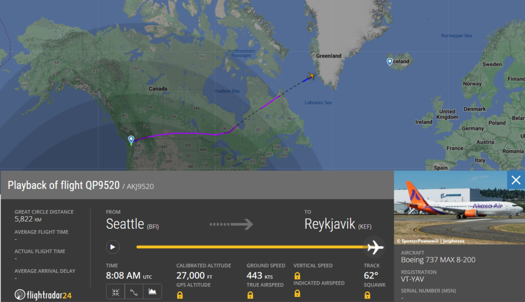 Akasa Air (QP) first Boeing 737 MAX 8-200, has taken off from Boeing Field Airport (BFI) in Seattle and is on the move to its first stop at Reykjavik (KEF) in Iceland.
