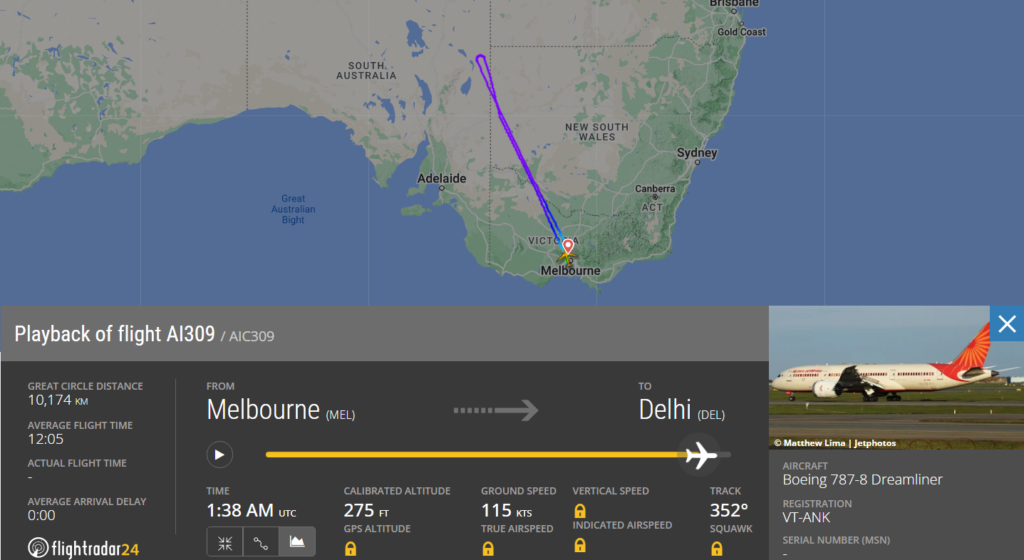 In an unexpected turn of events, Tata-owned Indian FSC Air India (AI) flight from Melbourne (MEL), India, to Delhi (DEL) made a U-Turn after being airborne for almost one hour and 20 minutes.