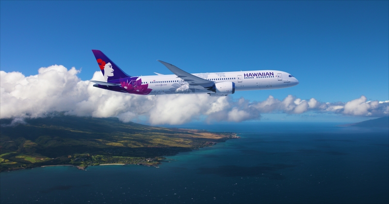 Flag carrier Hawaiian Airlines (HA) first Boeing 787 Dreamliner is spotted on July 29 at Seattle Paine Field International Airport (PAE) in Everett.