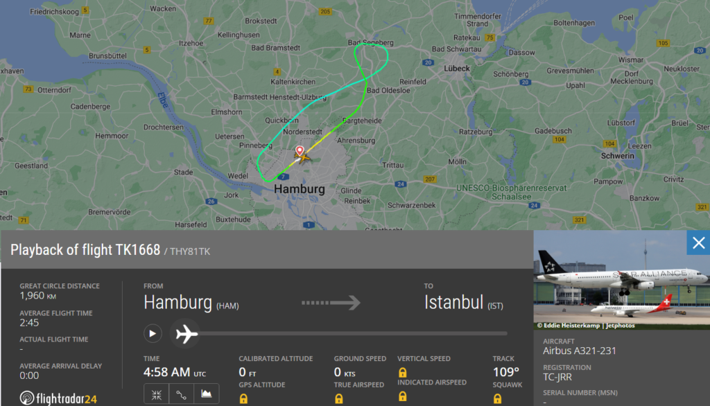 On July 6, 2023 (Today), the flag carrier of Turkey, the Turkish Airlines (TK) flight from Hamburg (HAM) to Istanbul (IST) operated by Airbus A321, made an emergency landing at HAM