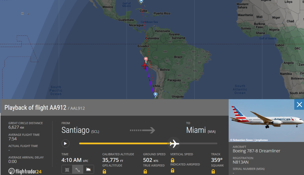  American Airlines (AA) flight from Santiago (SCL) to Miami (MIA), operated using Boeing 787, declared emergency mid-air and made an emergency landing at Lima (LIM).