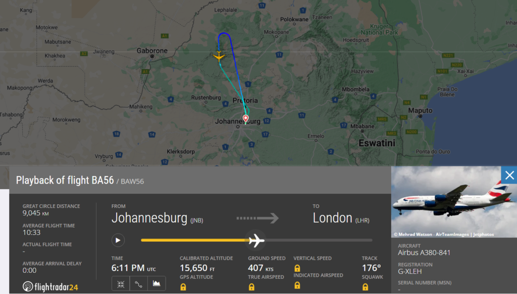 British Airways (BA) Airbus A380 operating from Johannesburg (JNB) to London (LHR), returned back to JNB due to issues with landing gear.