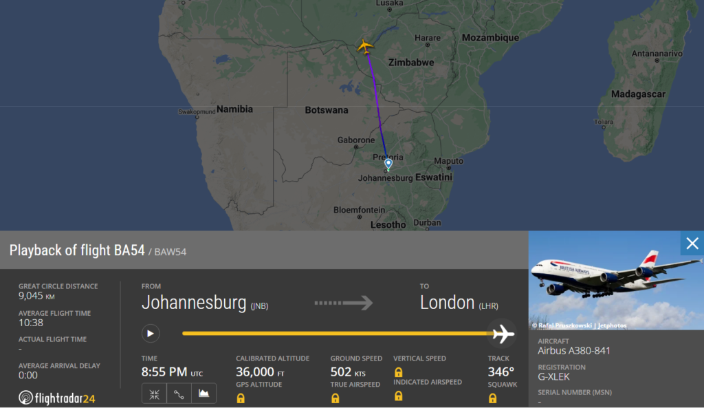 Flag carrier of the United Kingdom, British Airways (BA) Airbus A380 operating from Johannesburg (JNB) to London (LHR), returned back to JNB due to issues with landing gear.