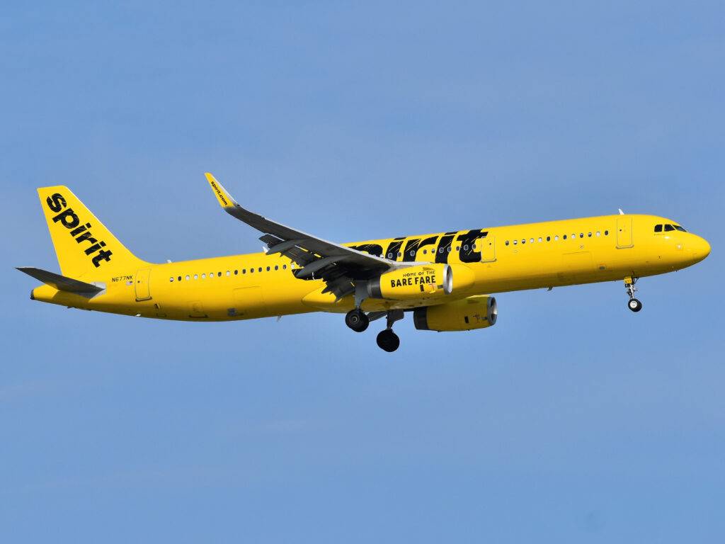 A Spirit Airlines Airbus A321-200 is on final approach to Newark Liberty International Airport.