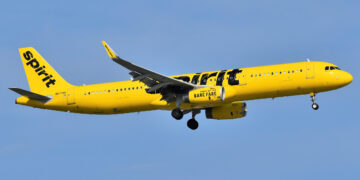 A Spirit Airlines Airbus A321-200 is on final approach to Newark Liberty International Airport.
