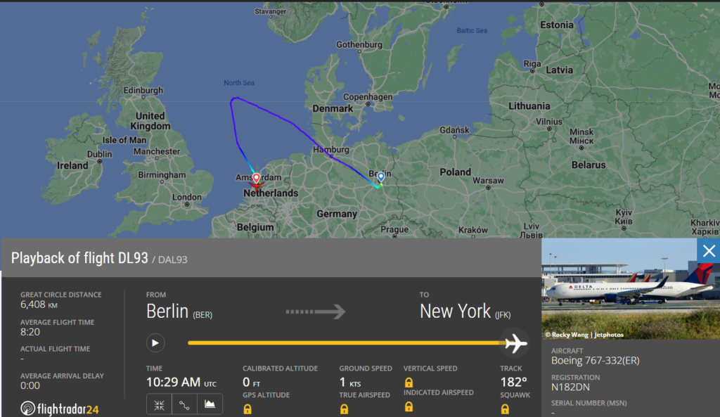 Today, on August 1, 2023, Atlanta-based Delta Air Lines (DL) flight from Berlin (BER) to New York (JFK) made an emergency landing at Amsterdam (AMS). 