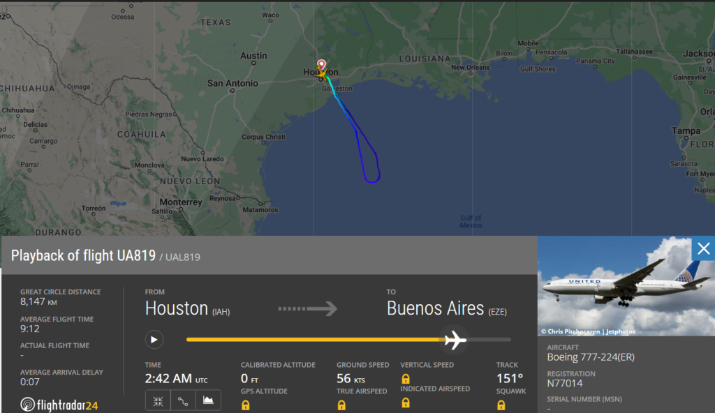 Chicago-based United Airlines (UA) flight from Houston (IAH) to Buenos Aires made a U-turn after an issue with the temperature sensor.