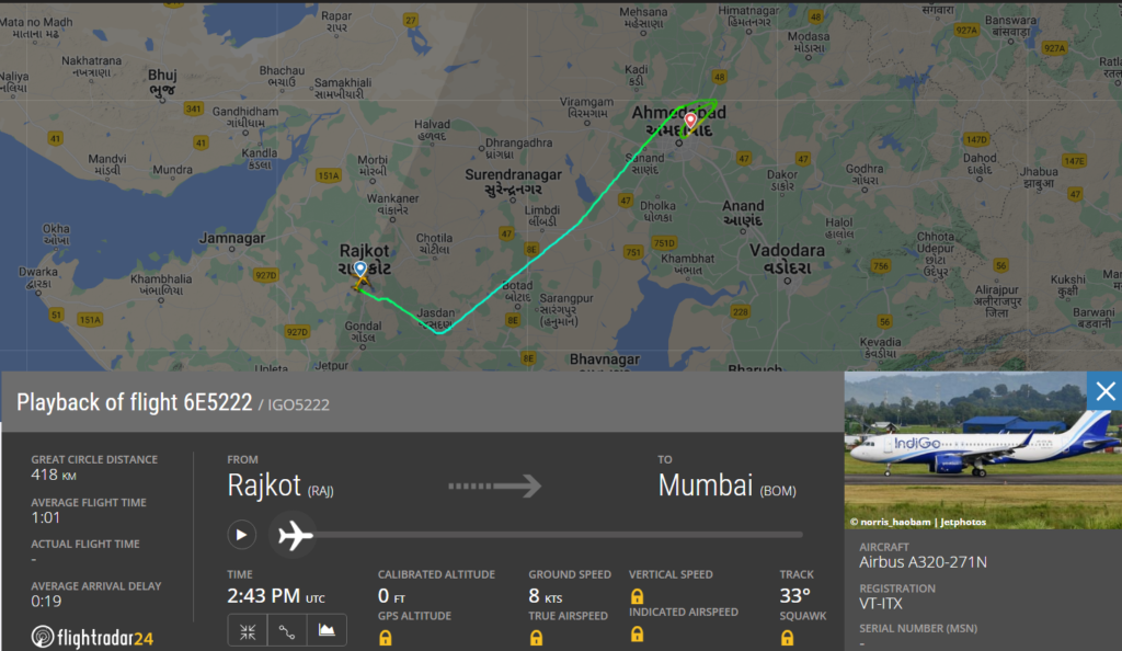 India's largest domestic carrier, IndiGo (6E) Airlines flight from Rajkot (RAJ) to Mumbai (BOM), made an Emergency landing at Ahmedabad (AMD) due to technical issues.