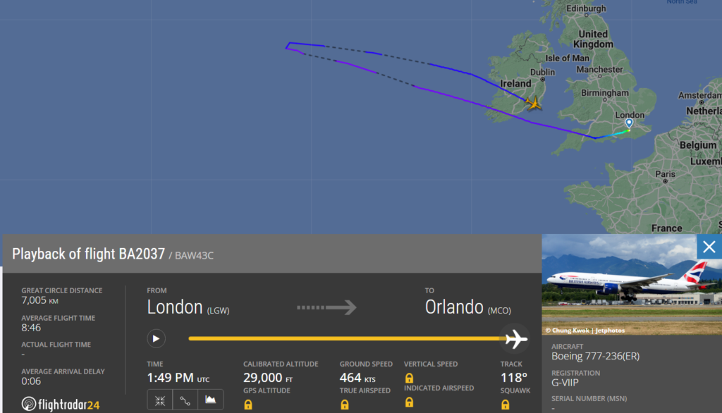 Flag carrier of the United Kingdom, British Airways (BA) flight from London Heathrow (LHR) to Orlando (MCO), is turning back towards LHR.