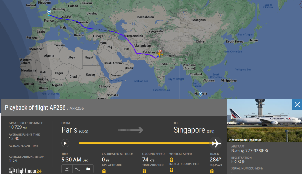 Flag carrier Air France (AF) flight from Paris (CDG) to Singapore (SIN) operated with Boeing 777 made an emergency landing at Delhi (DEL).
