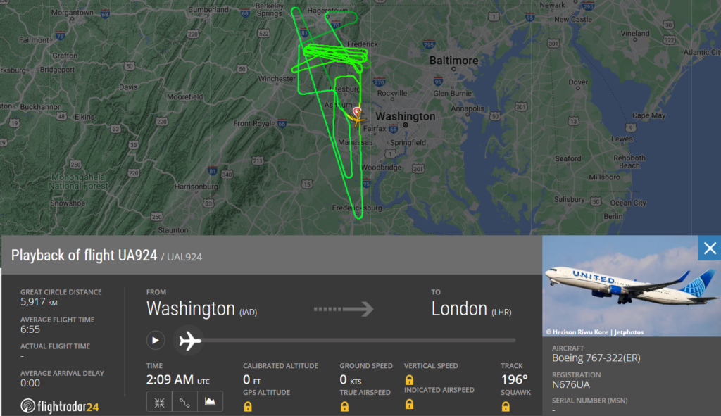 Chicago-based United Airlines (UA) flight from Dulles International Airport (IAD) in Washington to London Heathrow (LHR) made a U-turn due to a problem with landing gear.