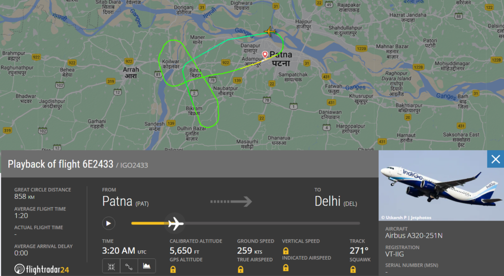 India's largest carrier, IndiGo (6E) Airlines flight from Patna (PAT) to Delhi (DEL), made an emergency landing back at PAT as one of the engines became inoperative during the flight.