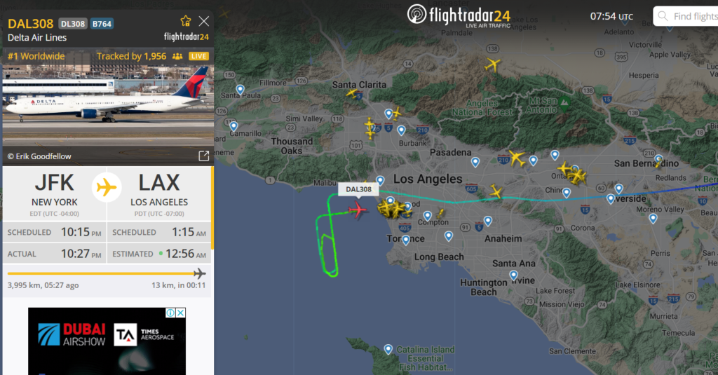 Atlanta-based Delta Air Lines (DL) flight from New York (JFK) to Los Angeles (LAX) has declared a general emergency. Further, it circles over the pacific ocean near the long beach coastal area.