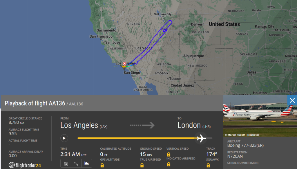 American Airlines (AA) flight from Los Angeles (LAX) to London (LHR) made a U-turn after the cabin crew reported toilets were not working and choked.