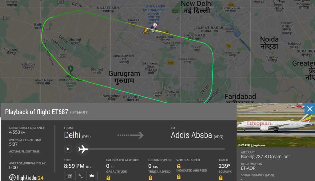 Flag carrier Ethiopian Airlines (ET) flight operated by Boeing 787 from Delhi Airport (DEL) to Addis Ababa (ADD) made an emergency landing back at DEL after the flight crew witnessed smoke inside the cockpit.