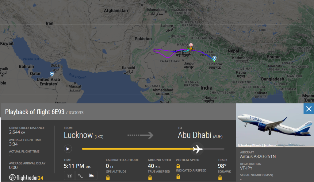 IndiGo (6E) flight from Lucknow (LKO) to Abu Dhabi (AUH), makes an unexpected diversion and emergency landing at Delhi (DEL).