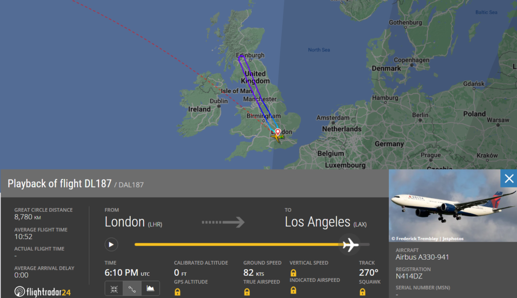Atlanta-based Delta Air Lines (DL) flight from London Heathrow (LHR) to Los Angeles (LAX) made an Emergency Landing back at LHR. 