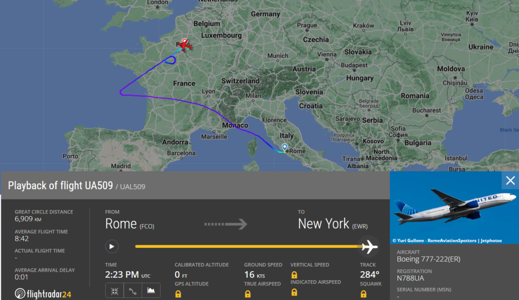  Chicago-based carrier, United Airlines (UA), flight from Rome (FCO) to New York (EWR) makes an emergency landing at Paris (CDG), France. 