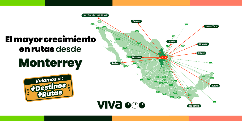  Viva Aerobus, one of Monterrey’s top airlines, has announced the further strengthening of Nuevo Leon’s capital city air connectivity with the launch of six new US nonstop routes 