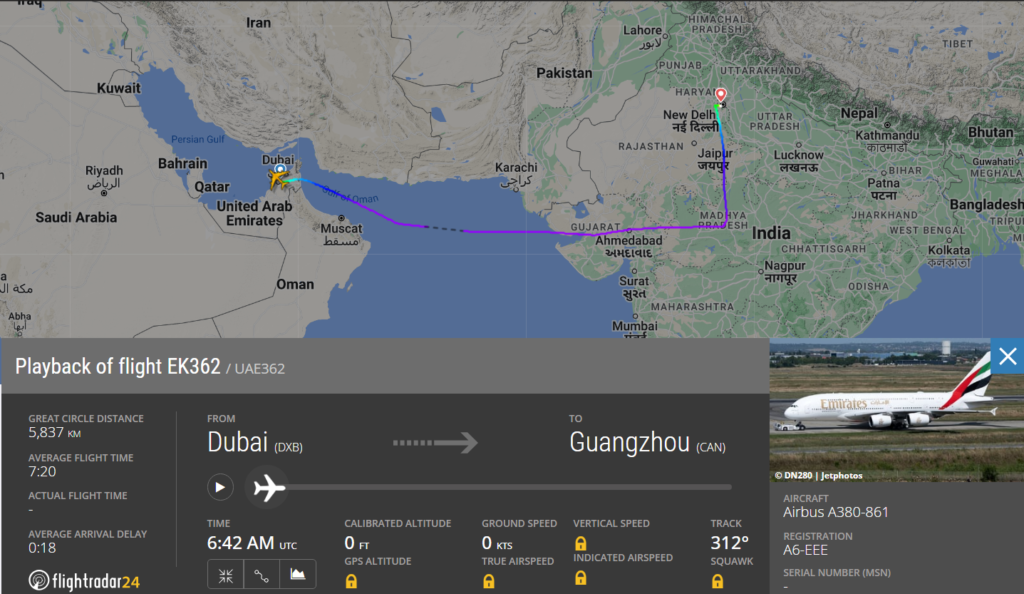 Emirates (EK) Airlines flight from Dubai (DXB) to Guangzhou (CAN), China, made an emergency landing at Delhi Airport (DEL), 
