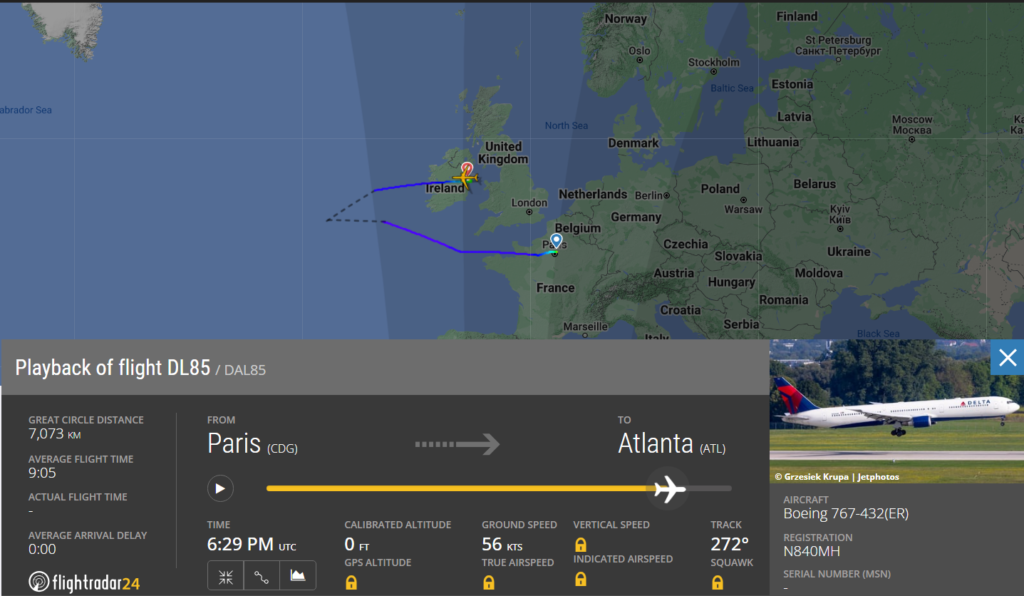 A Delta Air Lines (DL) flight DL85 with 238 occupants from Paris (CDG) to Atlanta (ATL) has declared a medical emergency and has been diverted to Dublin (DUB), Ireland.