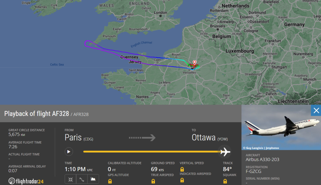 Flag carrier Air France (AF) flight AF328 from Paris (CDG) to Ottawa (YOV), Canada, declared an emergency and diverted back to CDG.