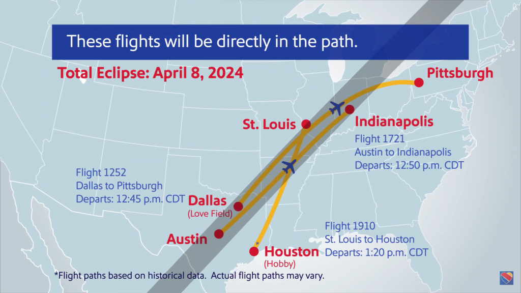 Southwest Airlines Flight paths for 2024 Total Solar Eclipse 
