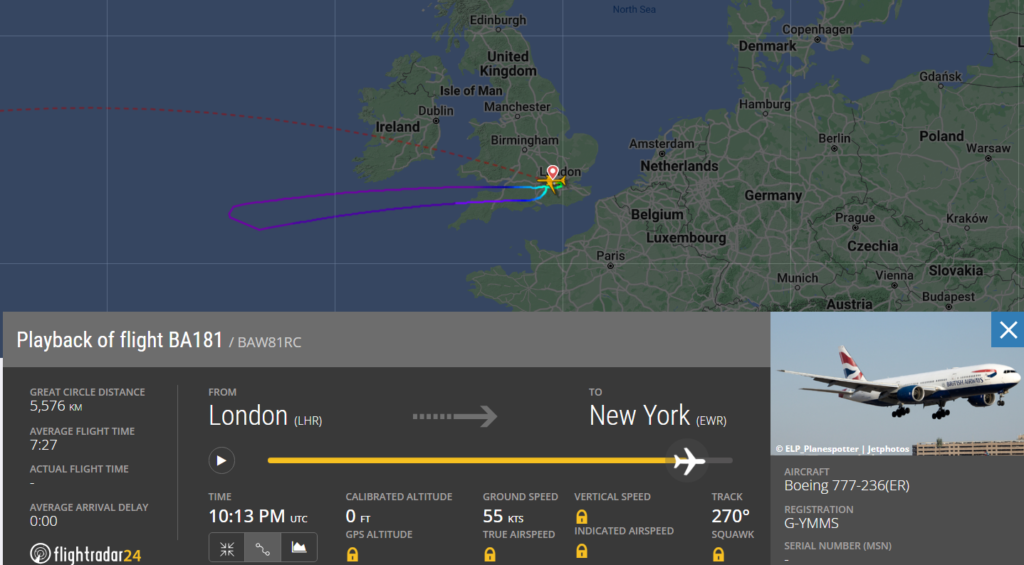 British Airways (BA), flight from London Heathrow (LHR) to New York's Newark Airport (EWR) made a U-turn after facing technical issues due to a broken heating element. 