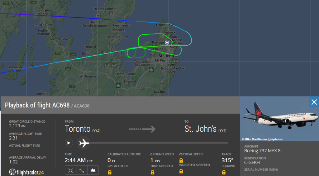  Air Canada (AC) flight scheduled for a three-hour journey from Toronto (YYZ) to St.John's (YYT) on Monday ended up spending nearly seven hours in the air, ultimately returning to its departure point.