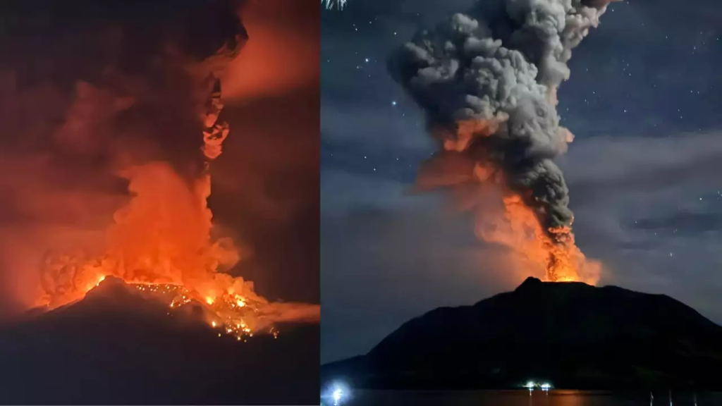 volcanic eruption at Mount Ruang in Indonesia
