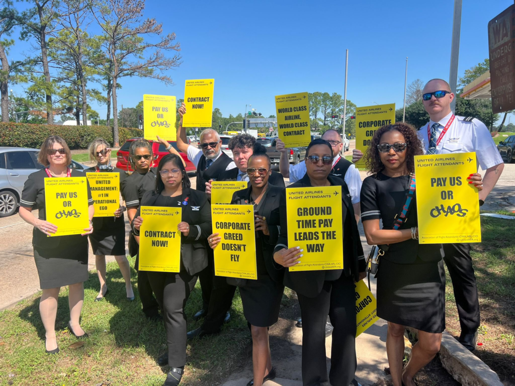 United Airlines (UA) flight attendants and their advocates staged a protest outside Chicago O'Hare Airport (ORD) on Thursday (April 11, 2024), calling for improved wages and working conditions as part of a global day of action.