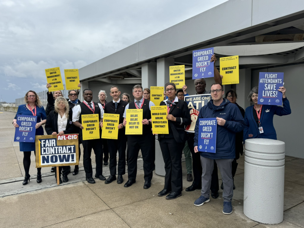 United Airlines (UA) flight attendants and their advocates staged a protest outside Chicago O'Hare Airport (ORD)